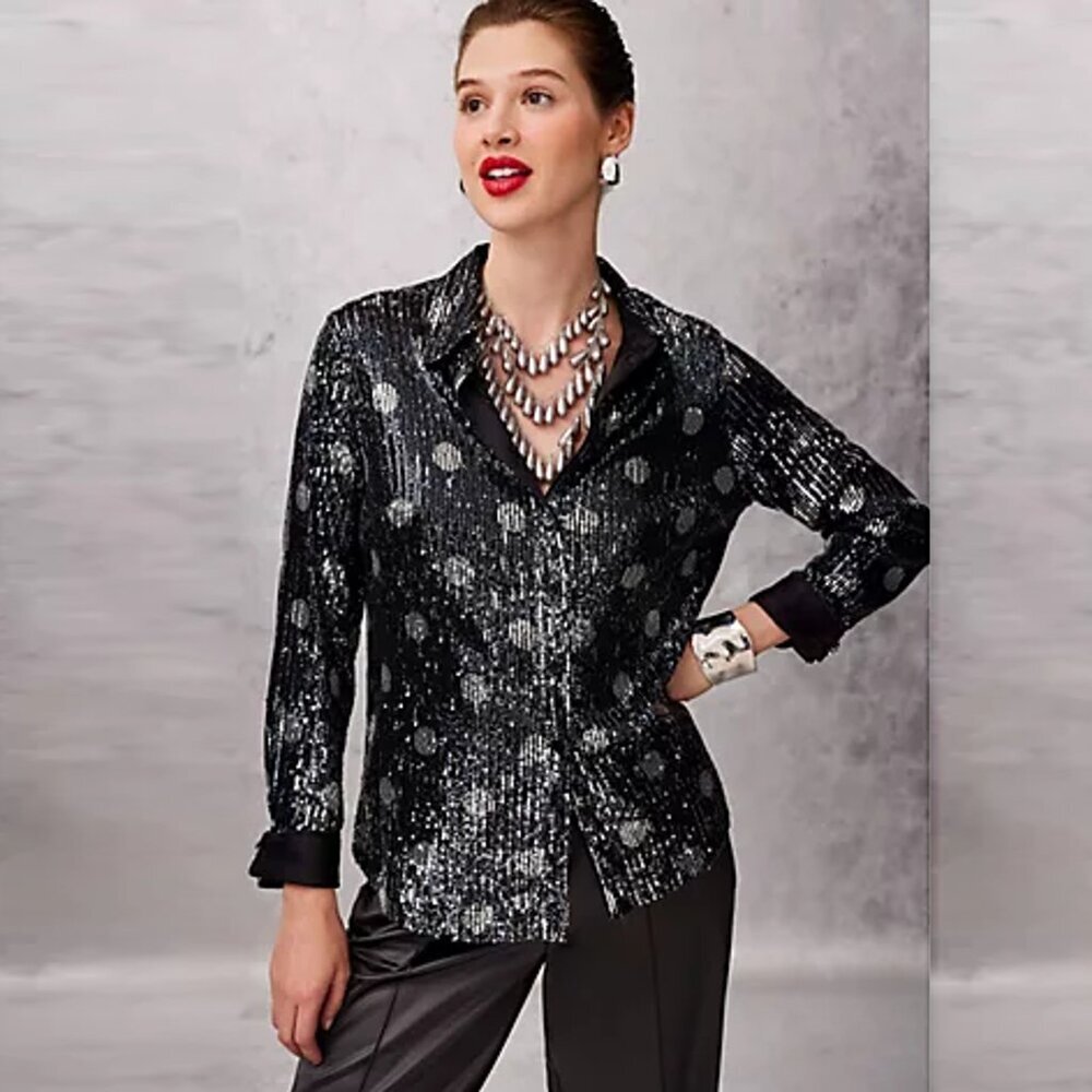 NWT New Isaac Mizrahi Live! Always Isaac Printed Sequin Blouse Size XS
